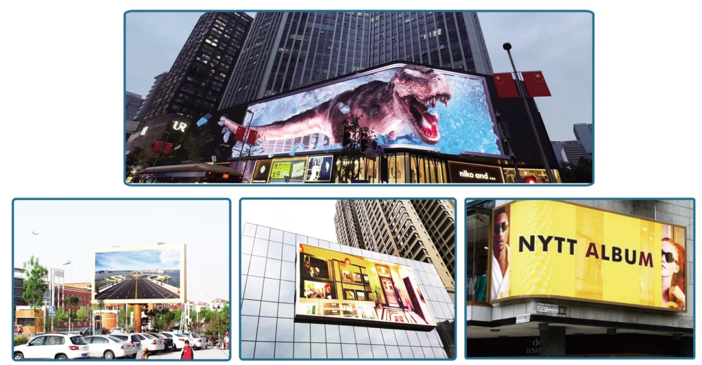outdoor led billboards on different environment application. Wall mounted, pillar and windows installation.