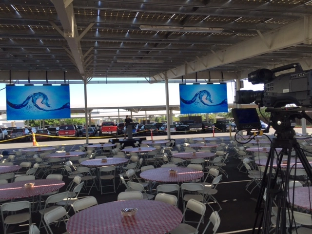a hotel with 2pcs led video wall hanging