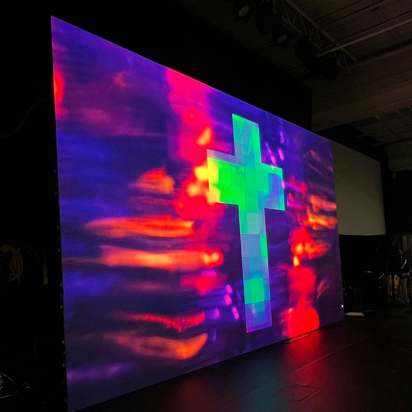 a big cross set in the led video wall