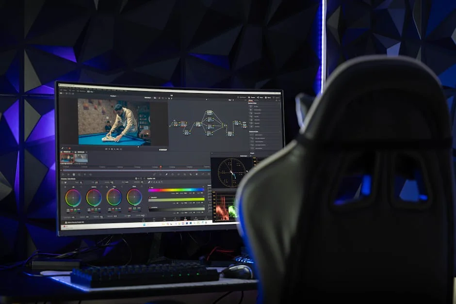 Curved monitor displaying video editing software in a tech-savvy workspace with mood lighting. - compare smd cob gob and mip on led video wall