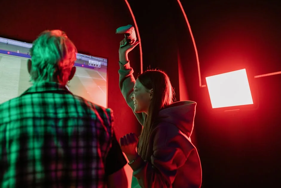 Two friends engaged in an immersive video game session indoors with dynamic lighting. - compare smd cob gob and mip on led video wall
