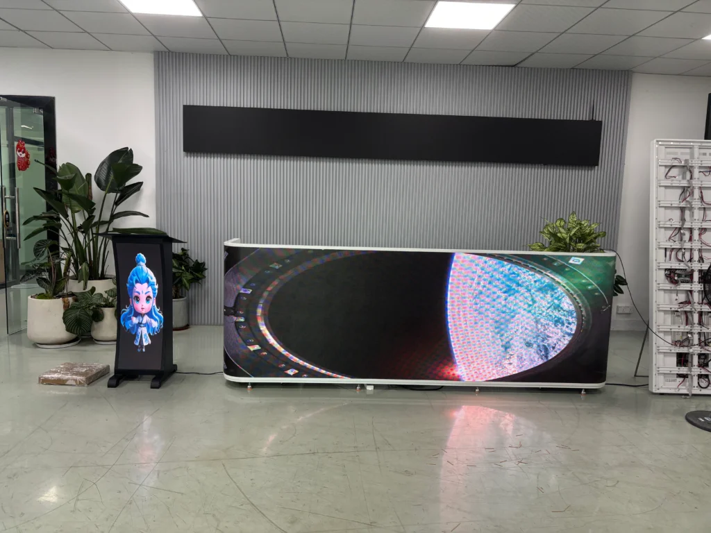 front desk led screen and led podium in front of company-trade show usage wall panels