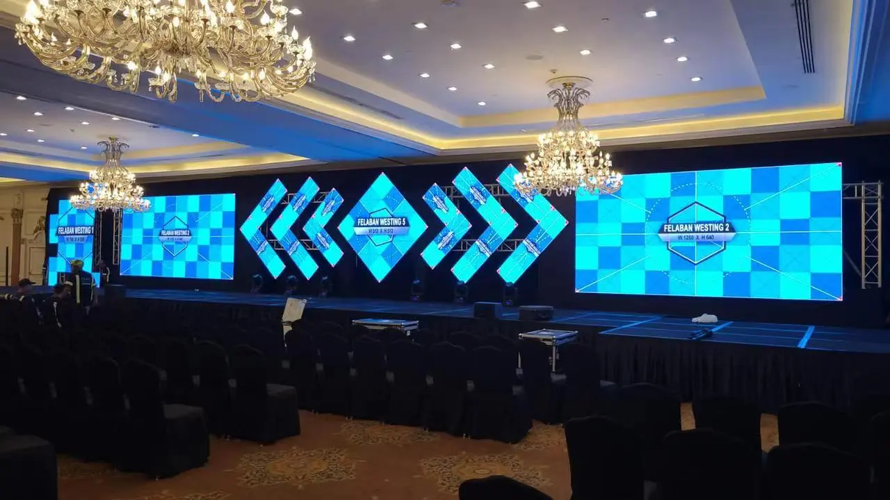 Large LED video wall displaying testing grid patterns for a professional conference stage setup